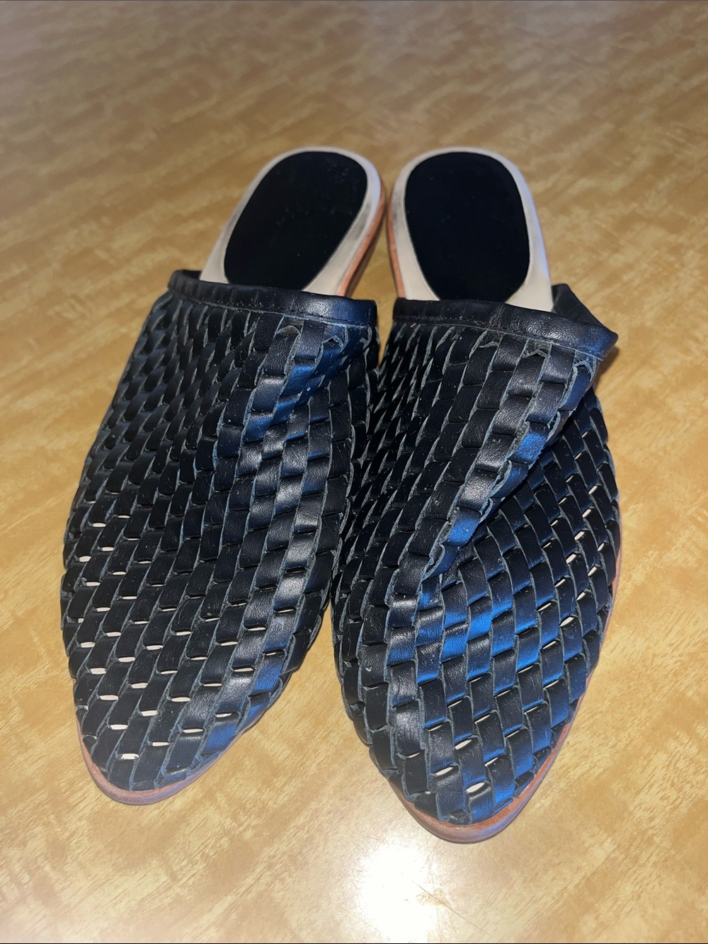 Anthropologie Bird of Flight Black Woven Leather Mules Size 8